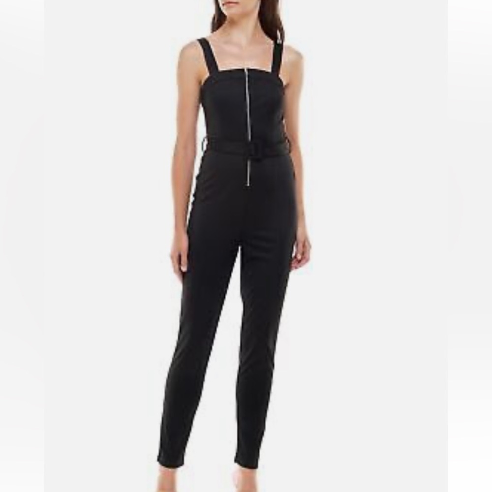 New Black Zip front Jumpsuit Sleeveless Tight Body Con Belted Medium Juniors
